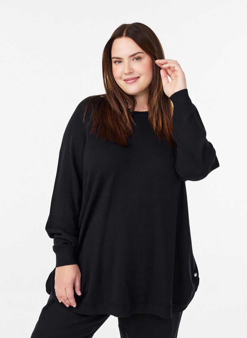 Gebreide blouse met knopen aan de zijkant, Zwart, Model image number 0