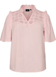 Blouse in katoen mousseline met broderie anglaise en 1/2 mouwen, Roze