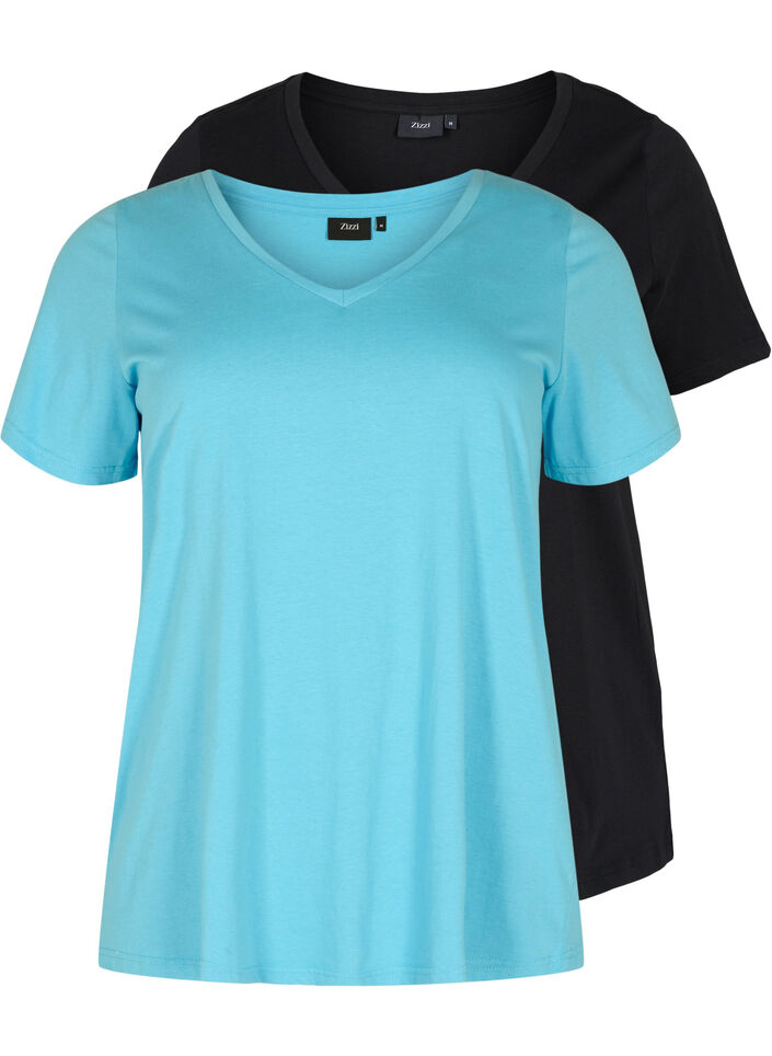 Set van 2 basic t-shirts in katoen, Bonnie Blue/Black, Packshot image number 0