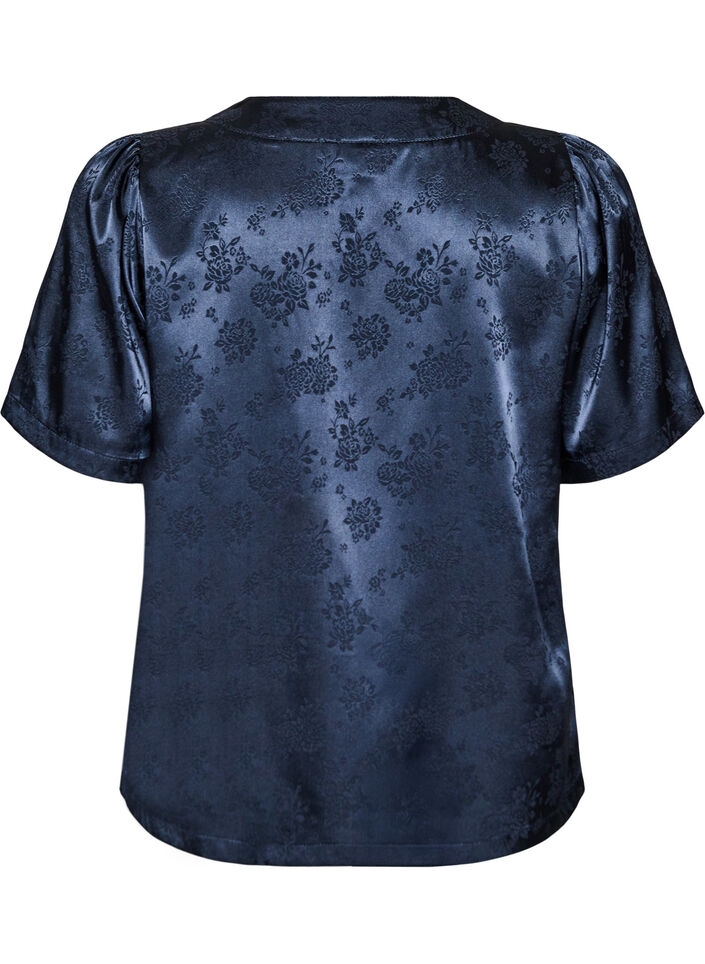 Satijnen blouse met bloemenprint en V-hals, Blauw, Packshot image number 1