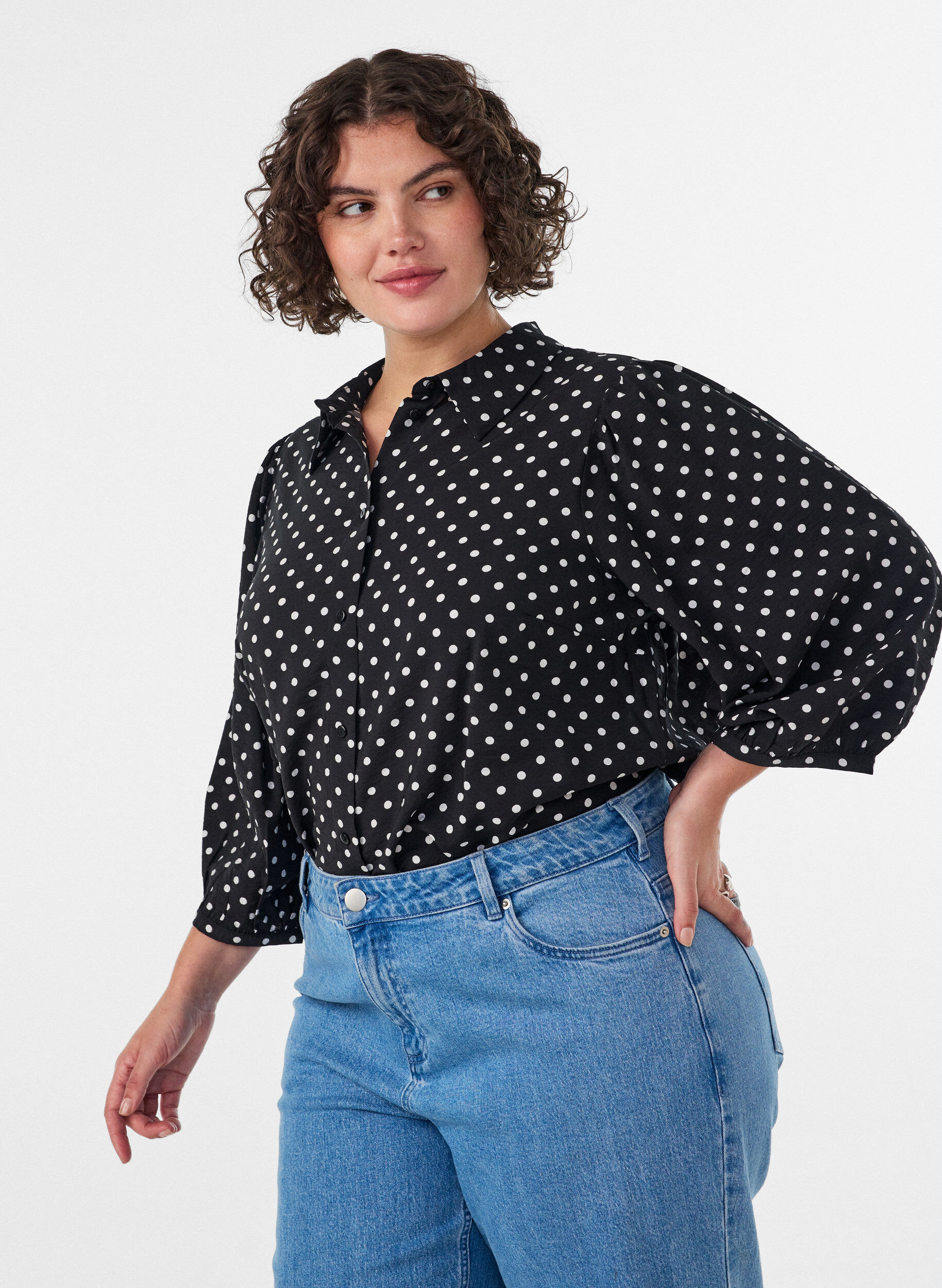 Shirt met stippenpatroon en 3/4-mouwen, Zwart, Model