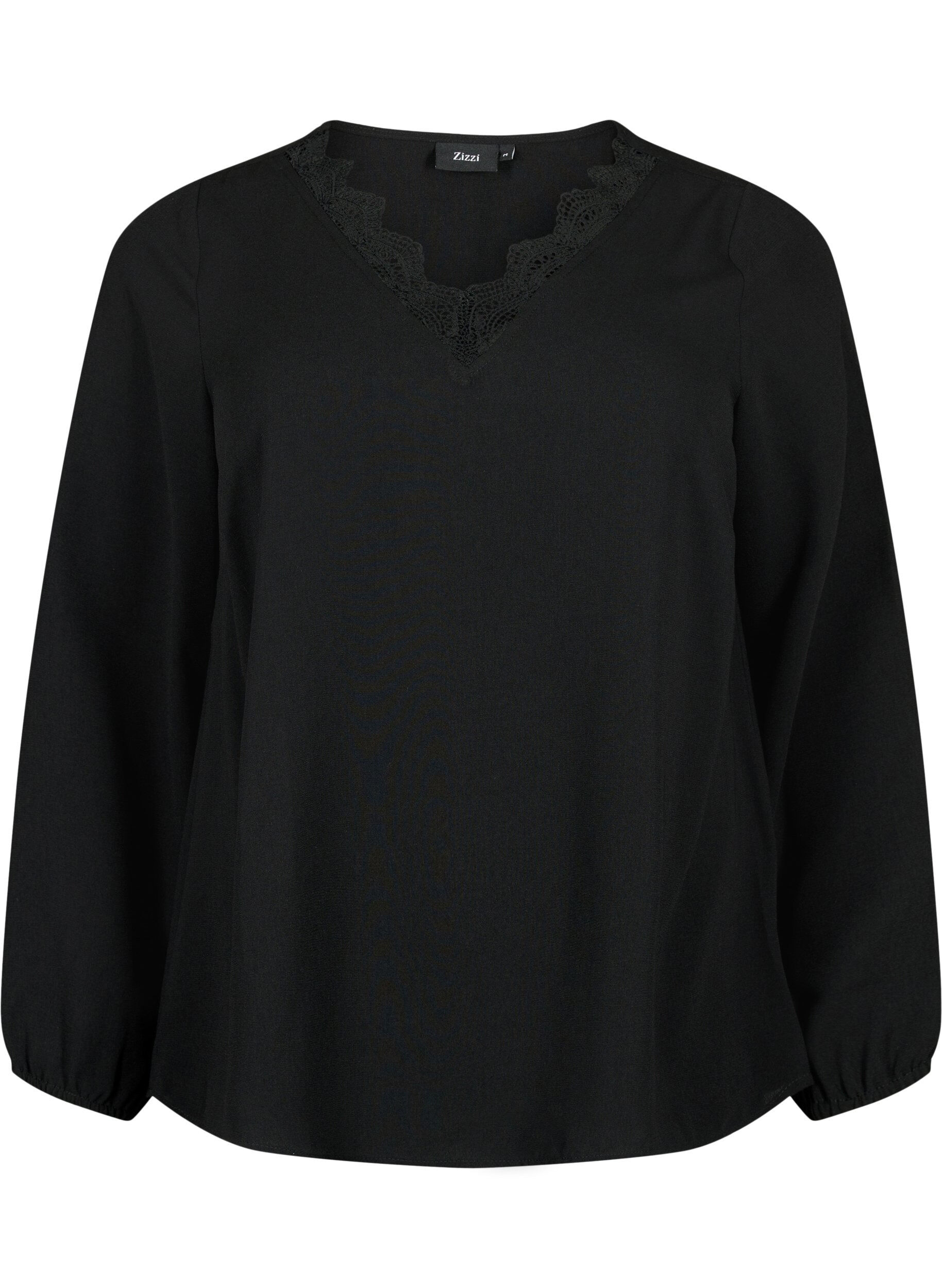 Zizzi Blouse met V-hals en kanten randje, Black, Packshot image number 0