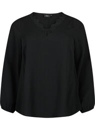 Blouse met V-hals en kanten randje, Black