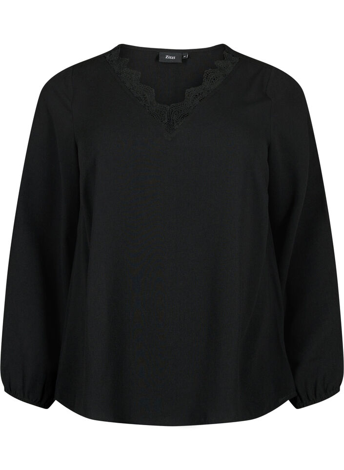 Blouse met V-hals en kanten randje, Black, Packshot image number 0
