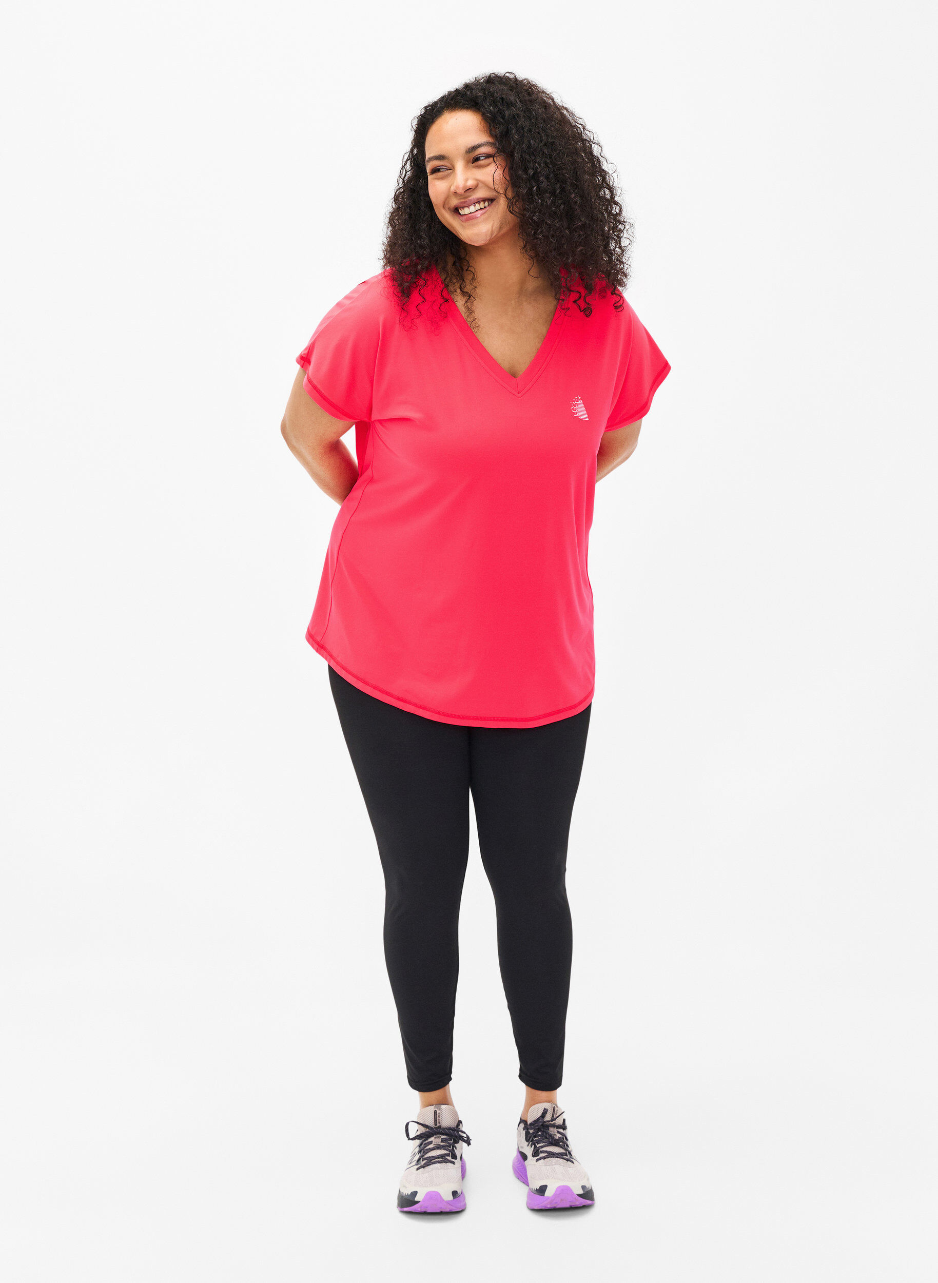 Zizzi Los trainings-T-shirt met v-hals, Neon Diva Pink, Model image number 2