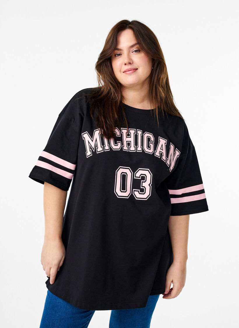 Sportief oversized college T-shirt, Zwart, Model image number 0