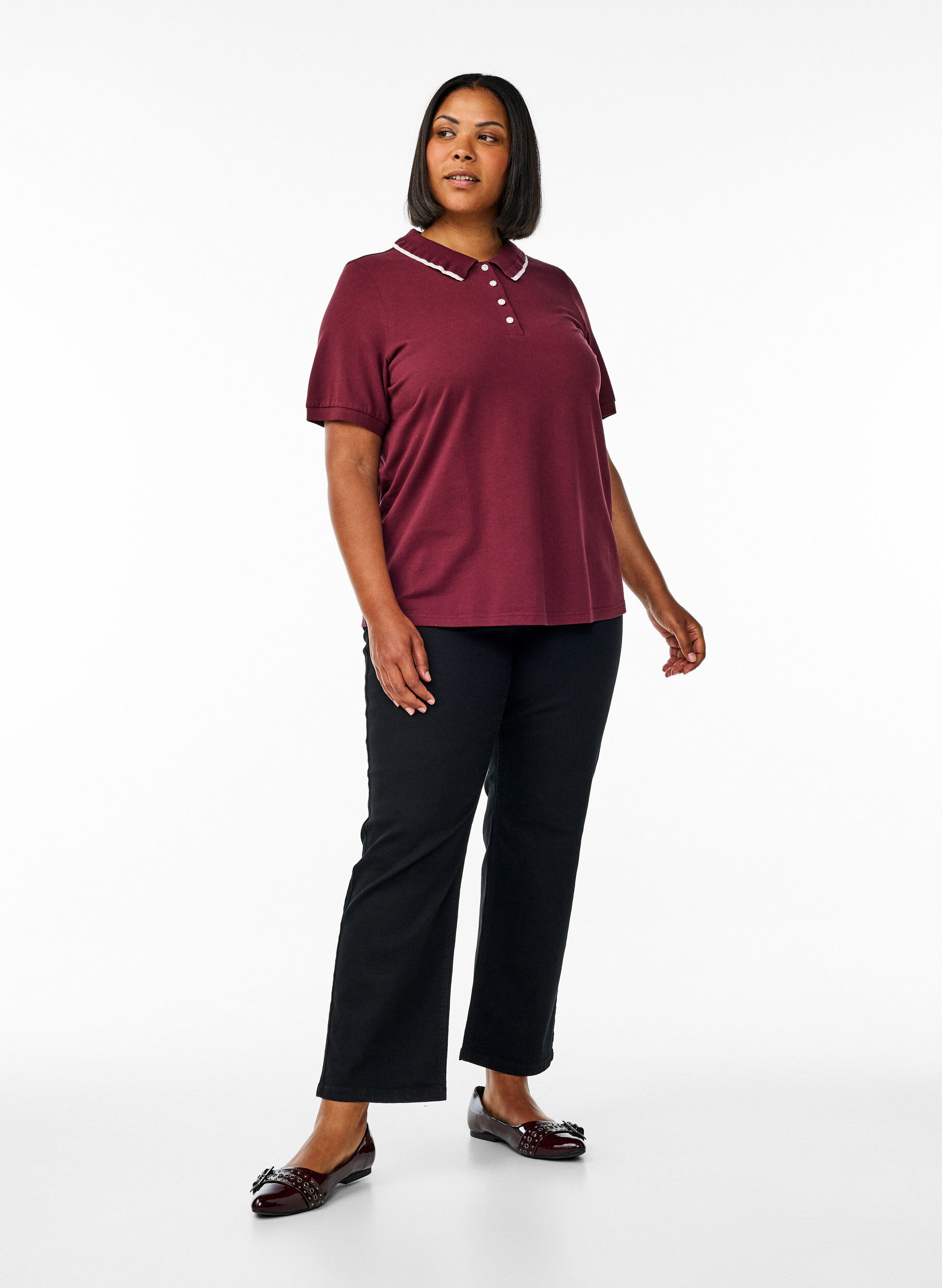 Zizzi Polo shirt met strass knopen en ruches., Rood, Model image number 1