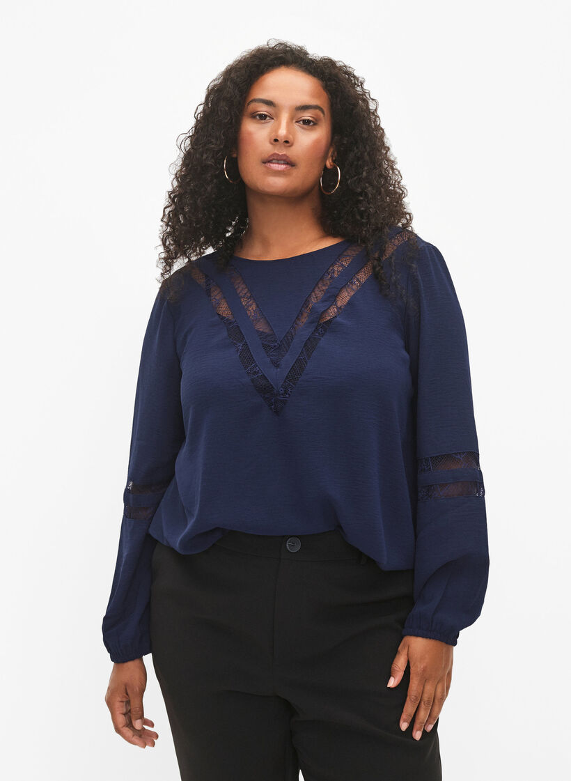 Blouse met lange mouwen en kant, Navy Blazer, Model image number 0