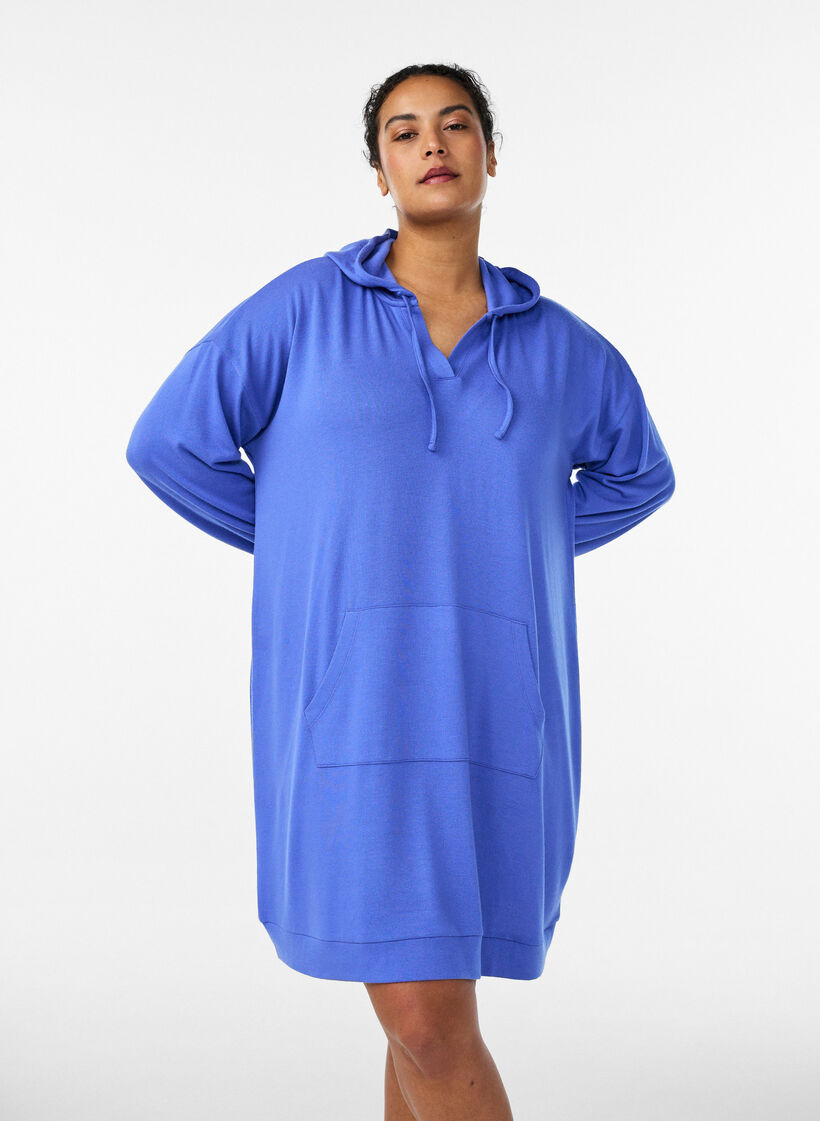 Korte hoodiejurk met een kangoeroezak, Blauw, Model image number 0