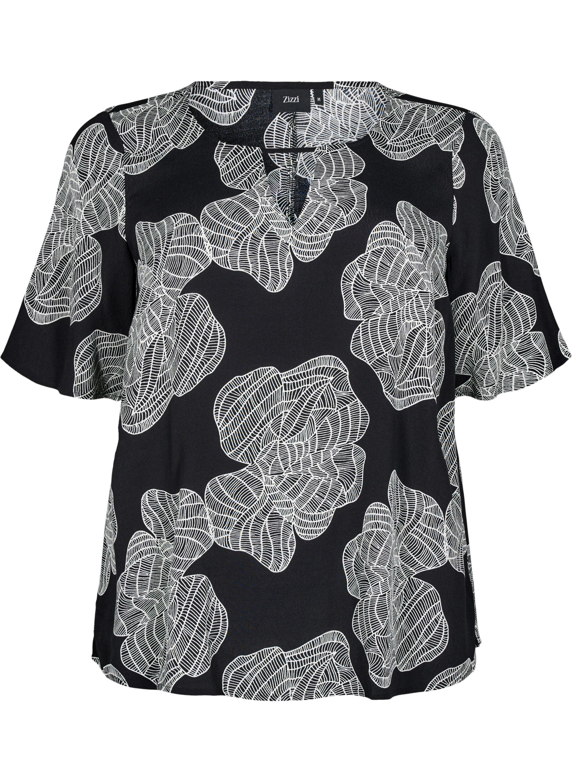 Zizzi Korte mouw visrose Blouse met print, Zwart, Packshot image number 0