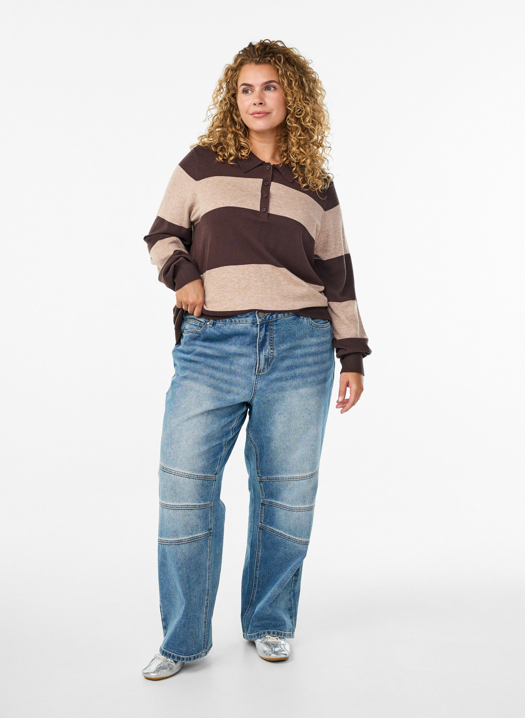 Zizzi Strik blouse met kraag, Bruin, Model image number 1