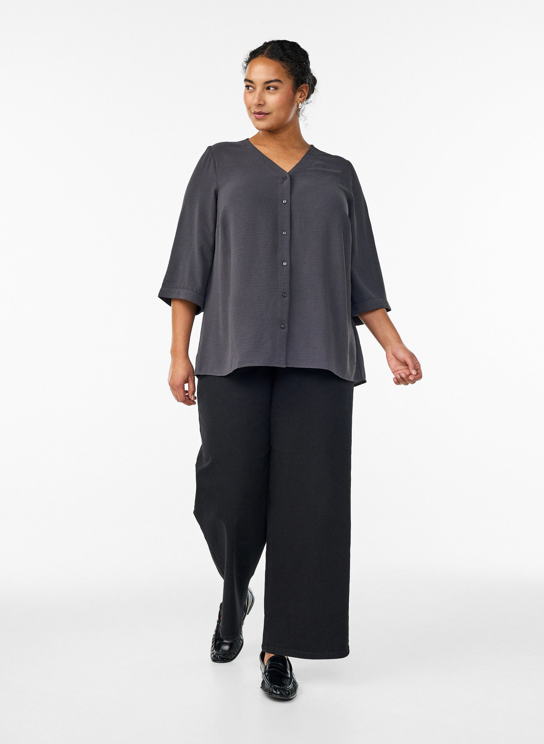 ZizziShirtblouse met V-hals en 3/4 mouwen, Grijs, Model image number 1