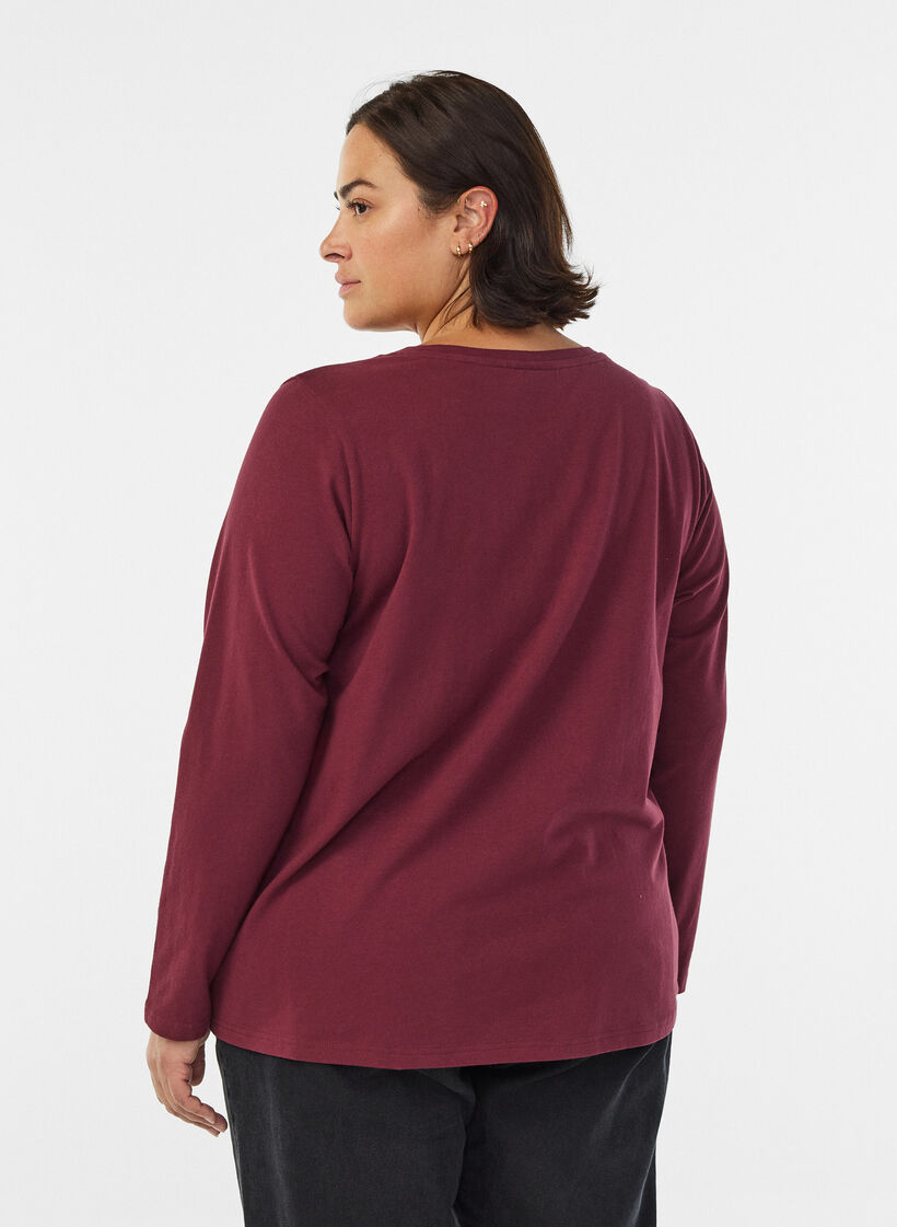 Basic jerseyblouse met lange mouwen, Donker Bordeaux, Model image number 2