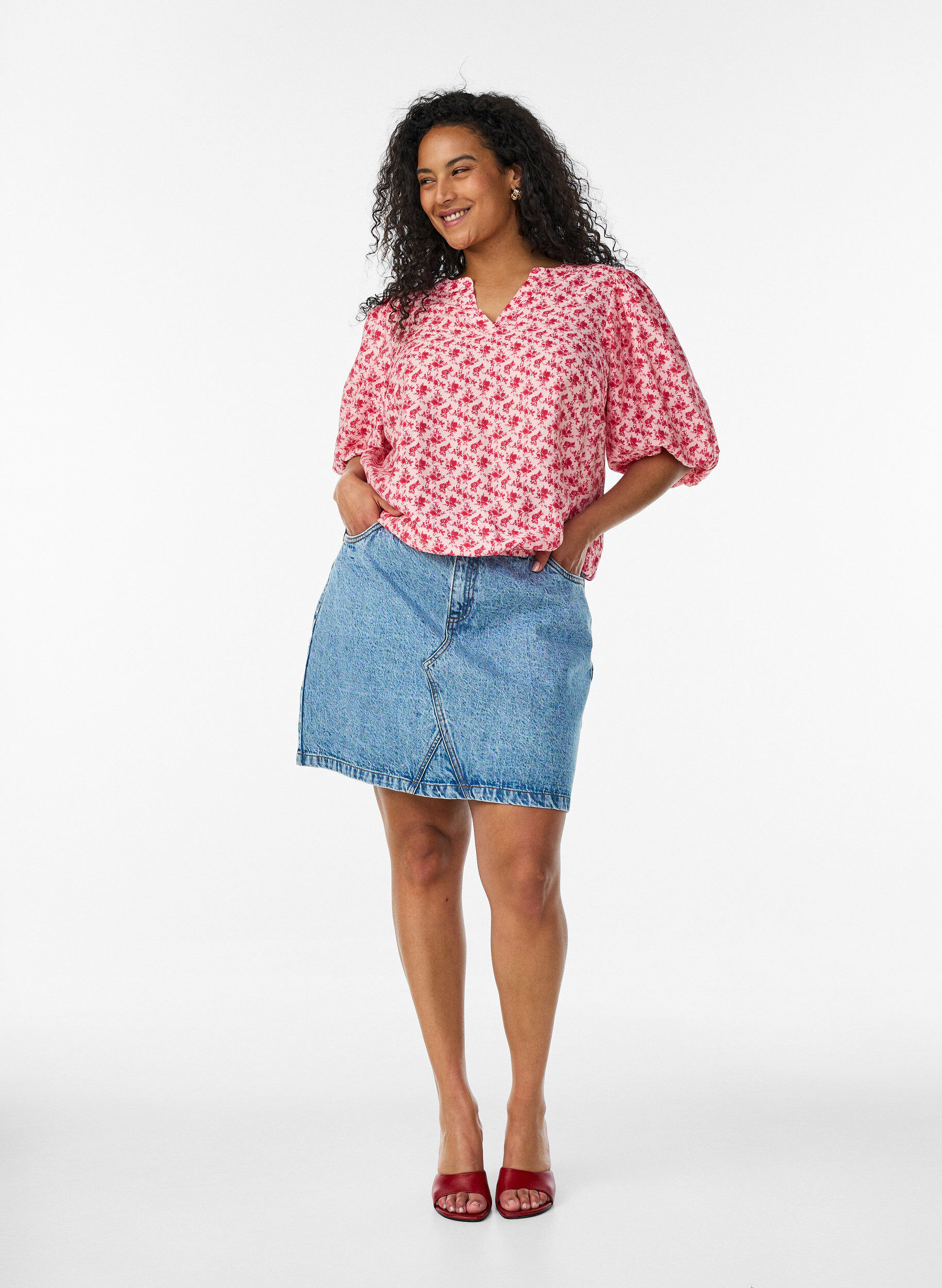 ZizziViscose blouse met ballonmouwen en bloemenpatroon, Rood, Model image number 1