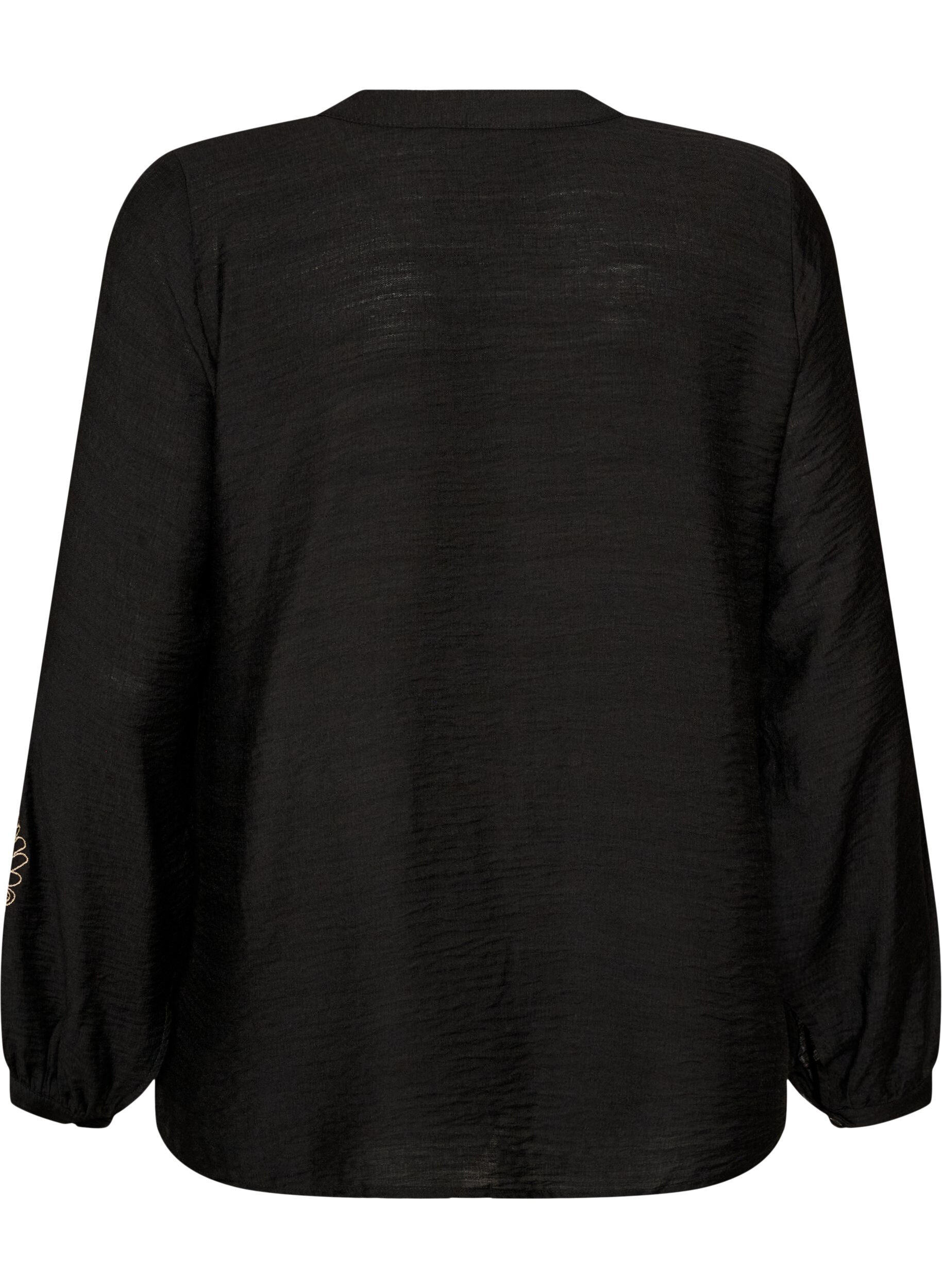 ZizziViscose shirt met geborduurde mouwen, Zwart, Packshot image number 1
