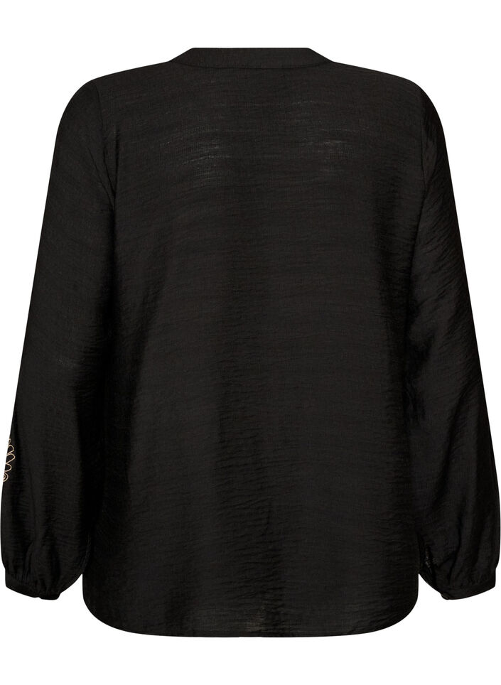Viscose shirt met geborduurde mouwen, Zwart, Packshot image number 1