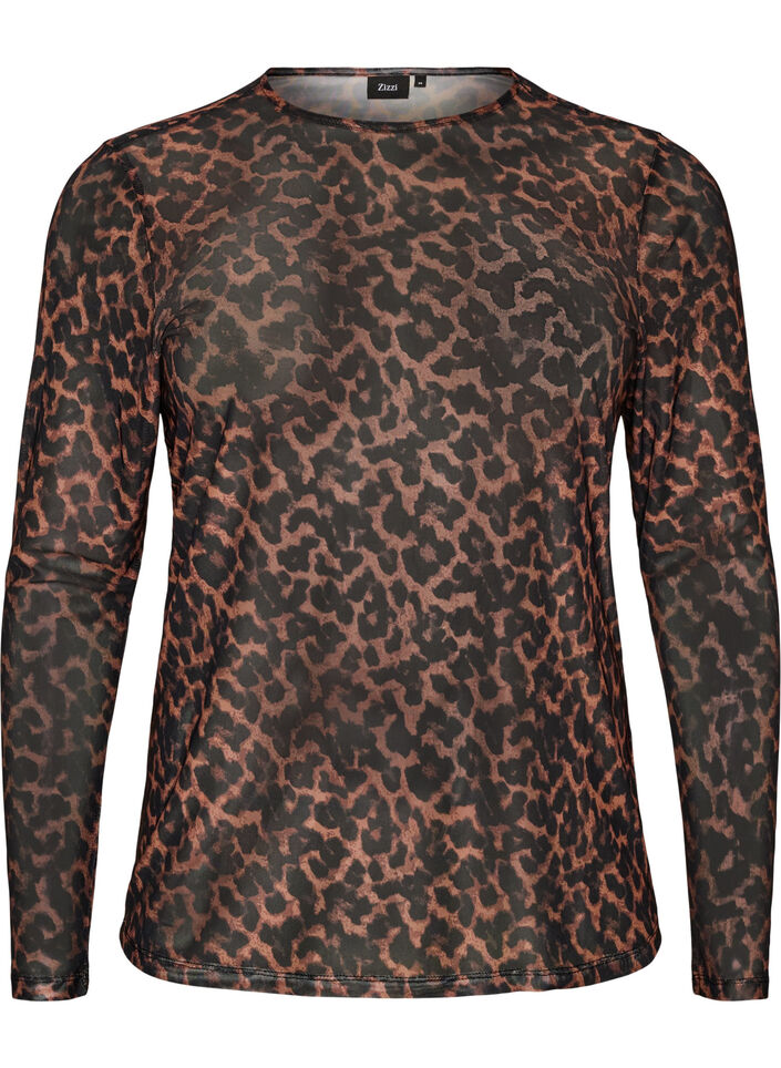 Mesh blouse met print, Bruin, Packshot image number 0