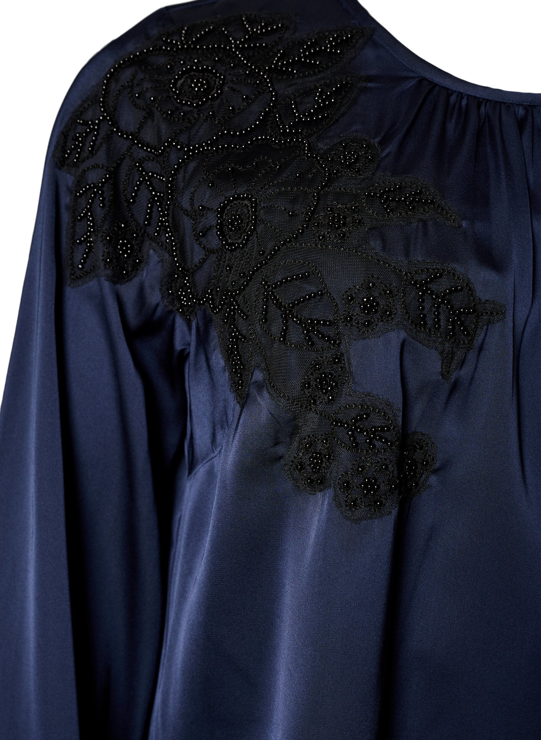 ZizziSatijnen blouse met kanten applicatie en parels, Blauw, Packshot image number 2