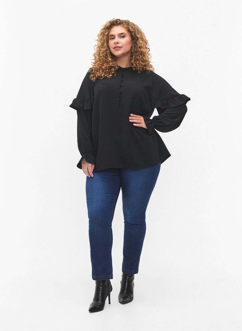 Blouse met ruches en knopen, Black, Model image number 2
