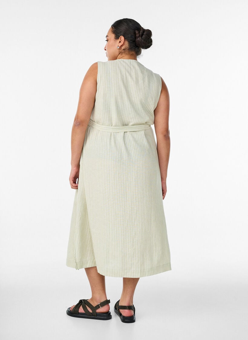 Mouwloze gestreepte midi jurk in linnen en viscose, Groen, Model image number 1
