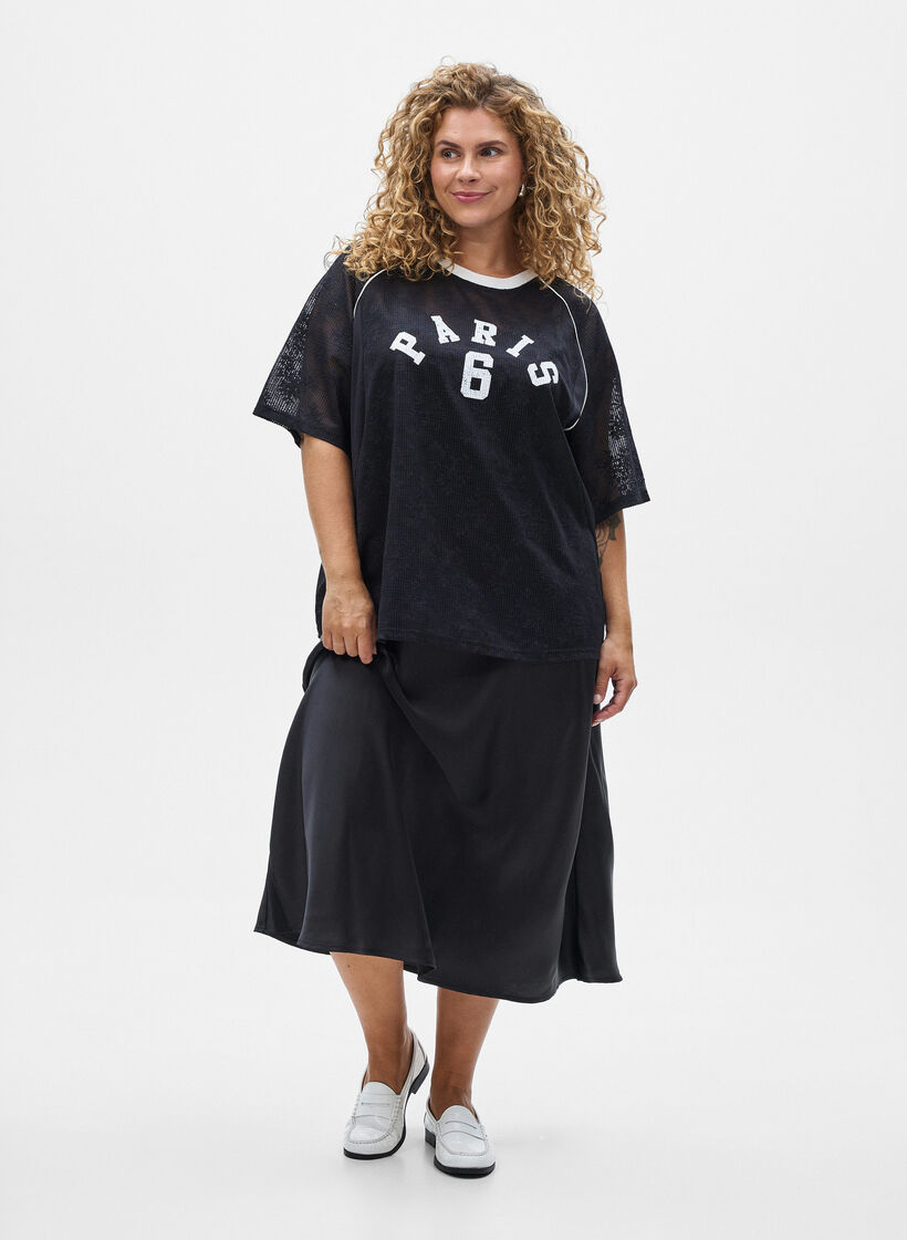 Satijnen midi rok, Zwart, Model image number 0