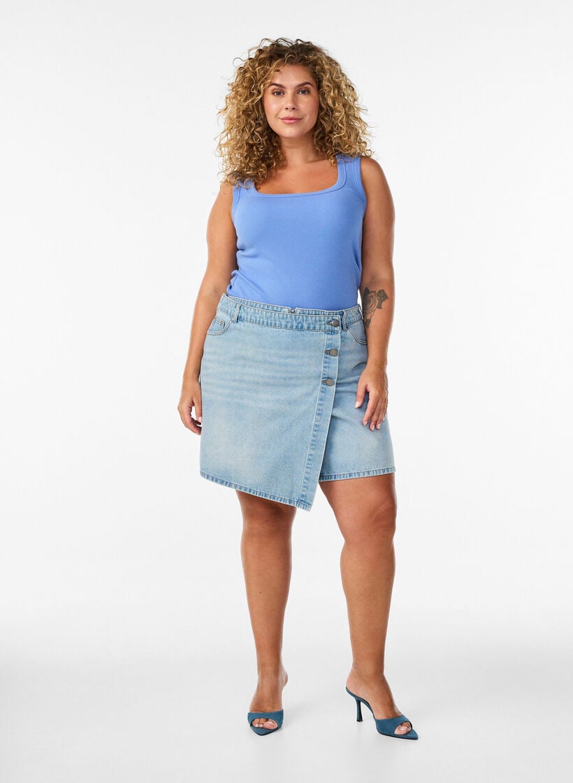 Denim skort met overslag en hoge taille, Blauw, Model image number 1