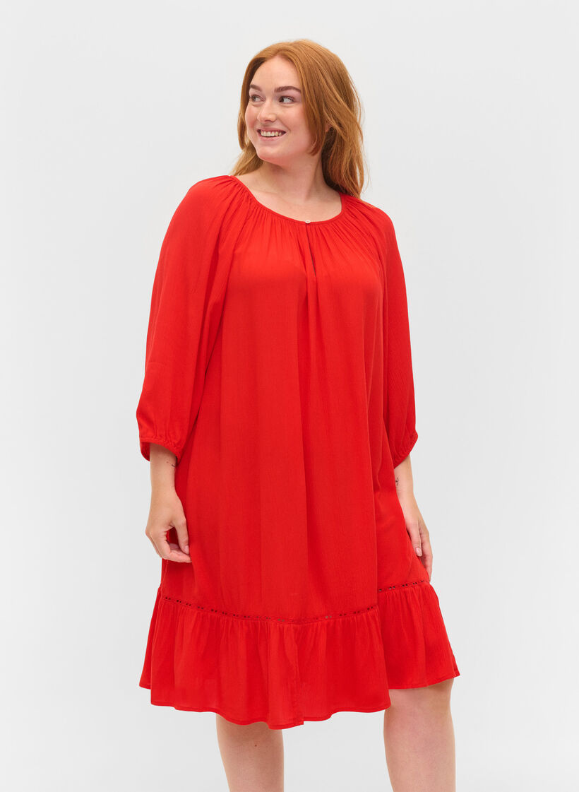 Viscose jurk met 3/4 mouwen, Fiery Red, Model image number 0