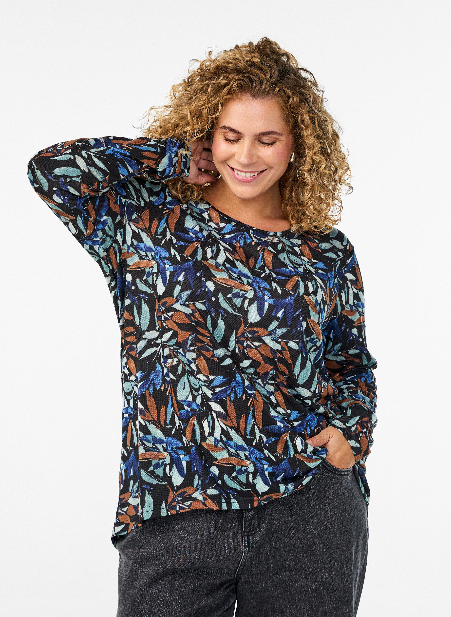 Gedessineerde blouse met lange mouwen, Blauw, Model