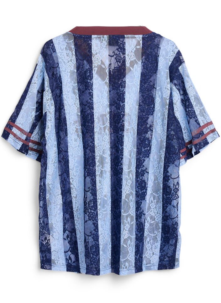 Gestreepte kanten blouse met opvallende print, Blauw, Packshot image number 1