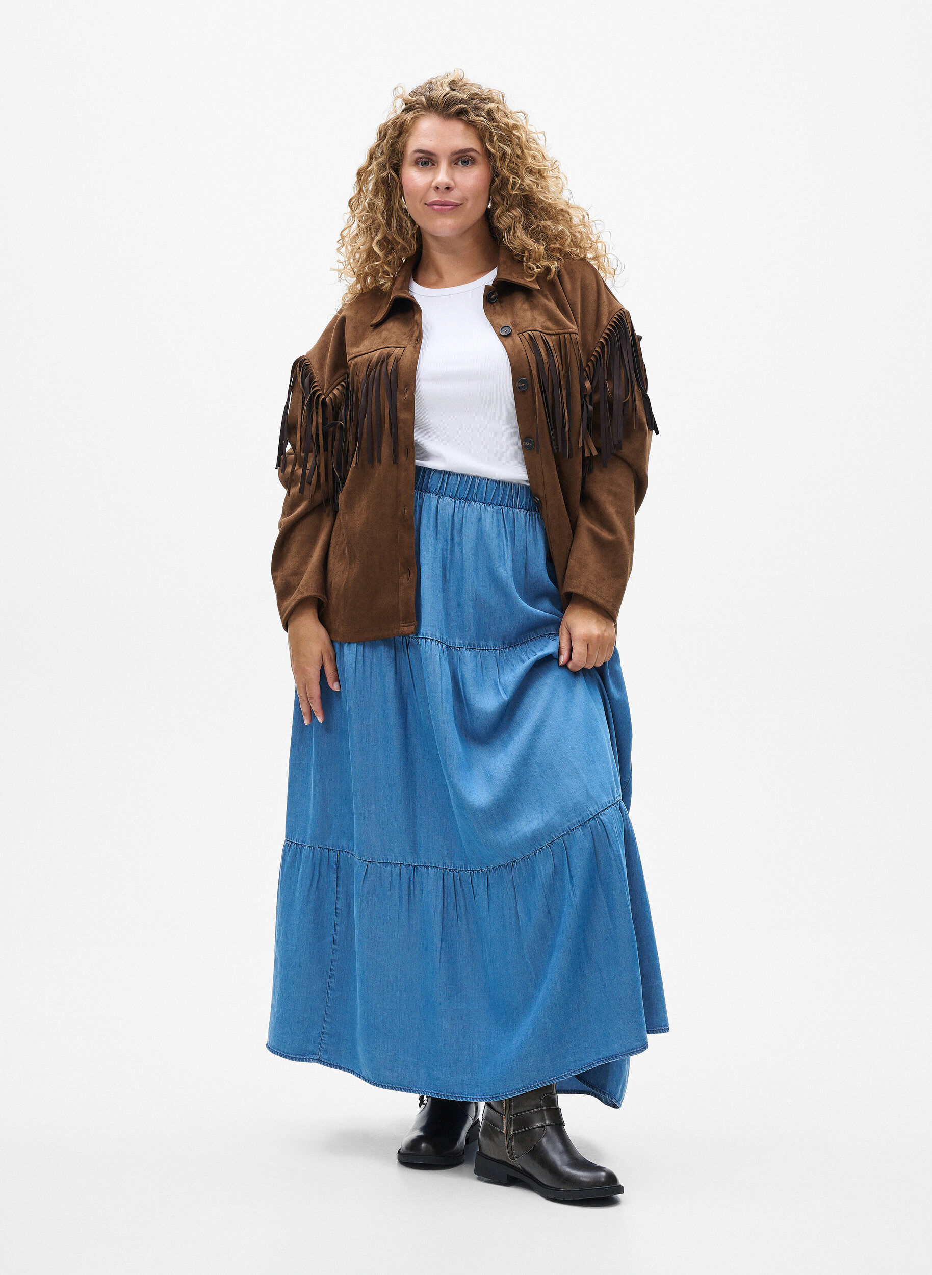 Denim maxi rok met ruches, Blauw, Model