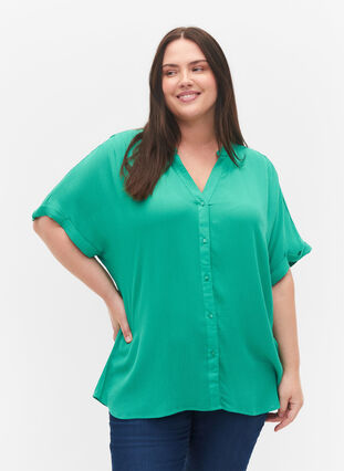 Viscose overhemd met korte mouwen en v-hals, Holly Green, Model image number 0