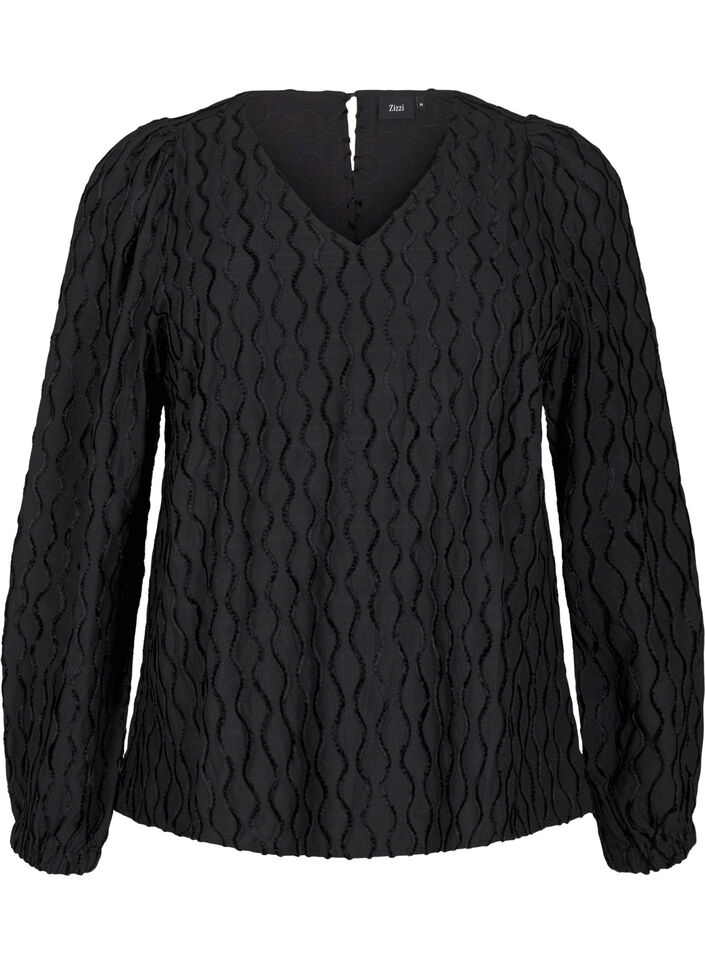 Lange mouwen blouse met patroon en V-hals, Black, Packshot image number 0