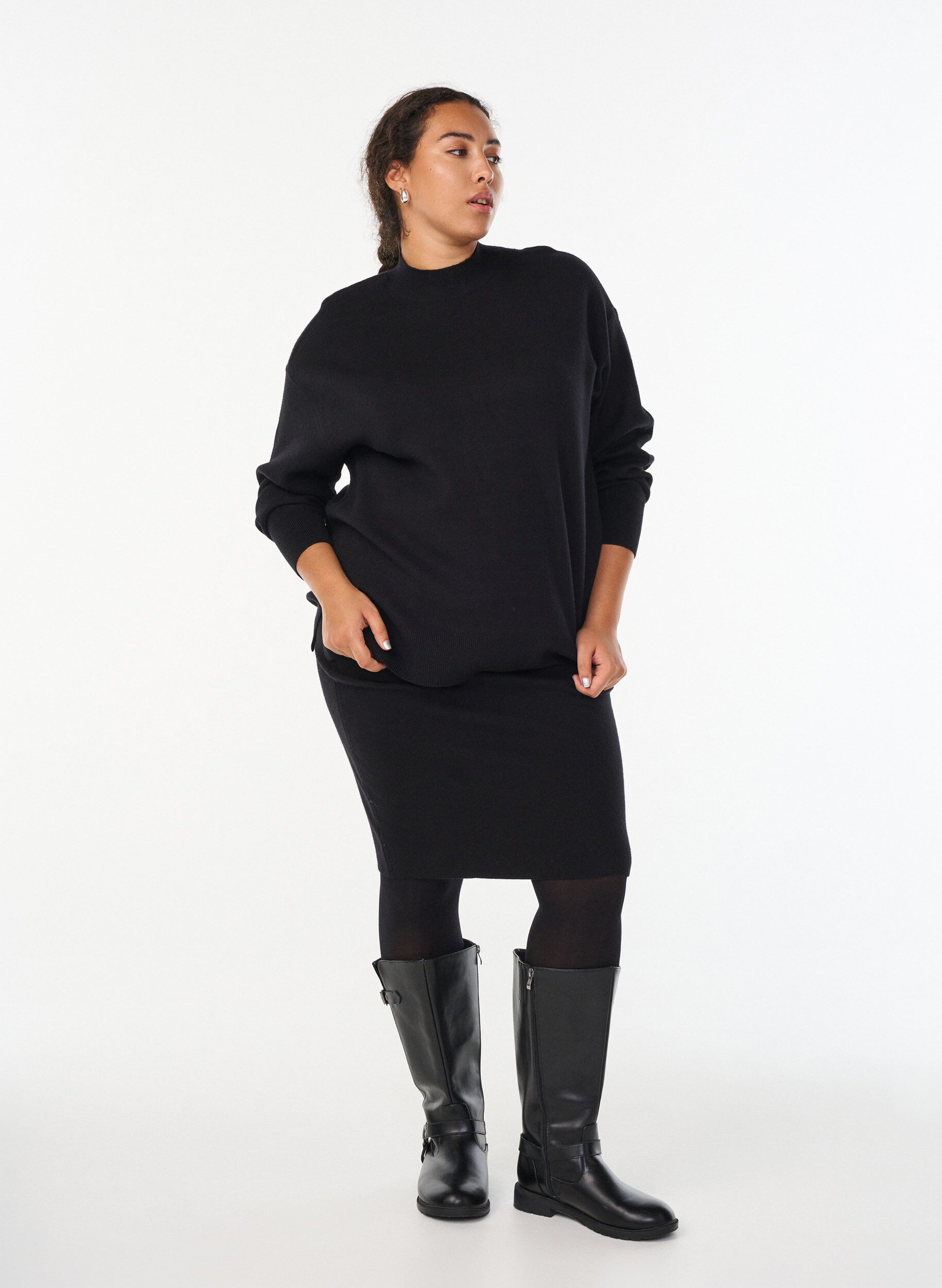 Zizzi Gebreide blouse met hoge hals, Zwart, Model image number 1