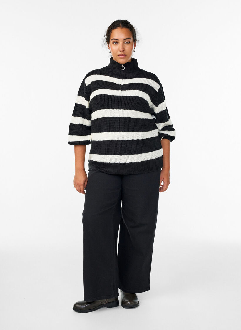 Gebreide trui met hoge hals en rits, Zwart, Model image number 1