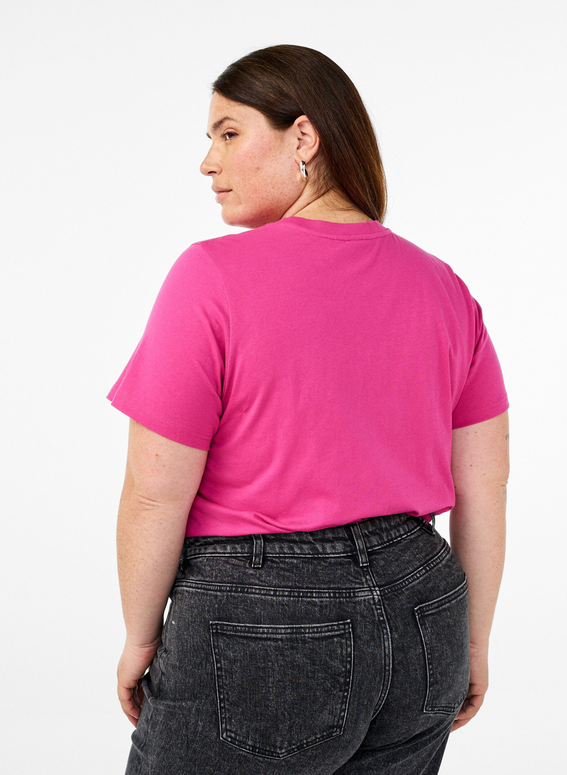 Zizzi Basic katoenen T-shirt met ronde hals, Roze, Model image number 2