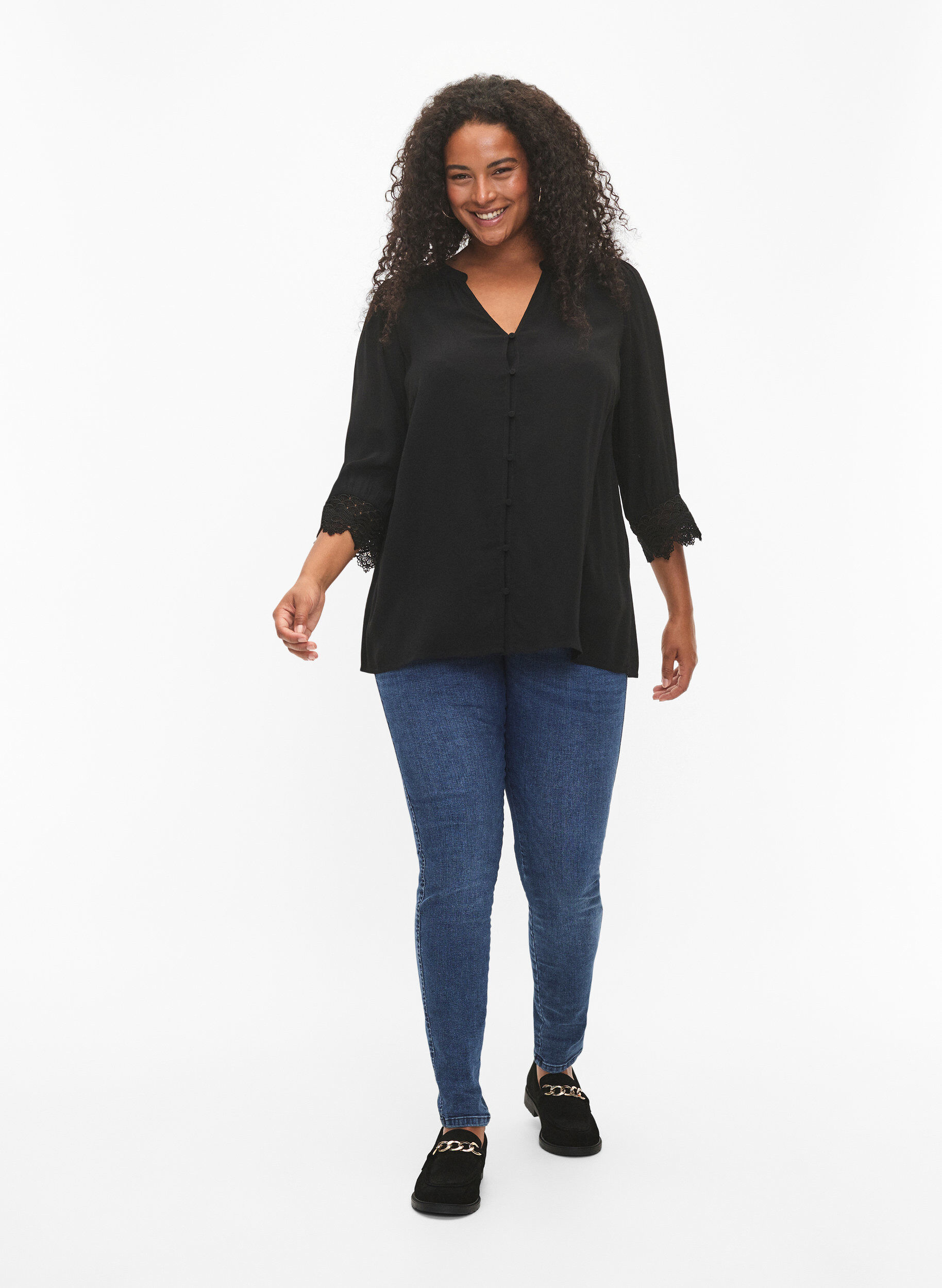 Zizzi Viscose shirt met V-hals, Black, Model image number 2