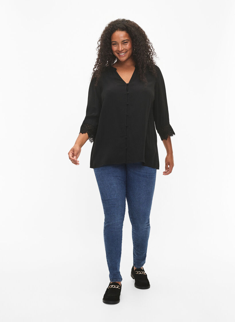 Viscose shirt met V-hals, Black, Model image number 2