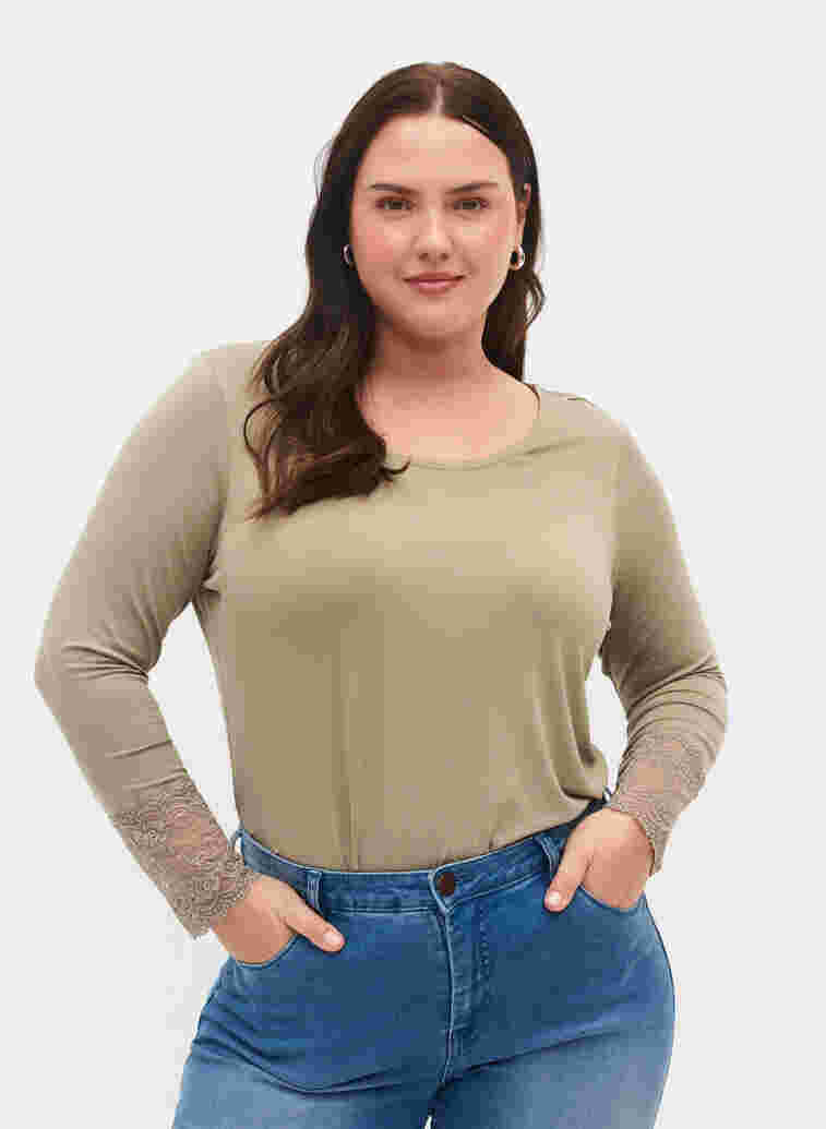 Viscose blouse met lange mouwen en kantdetails, Laurel Oak, Model image number 0