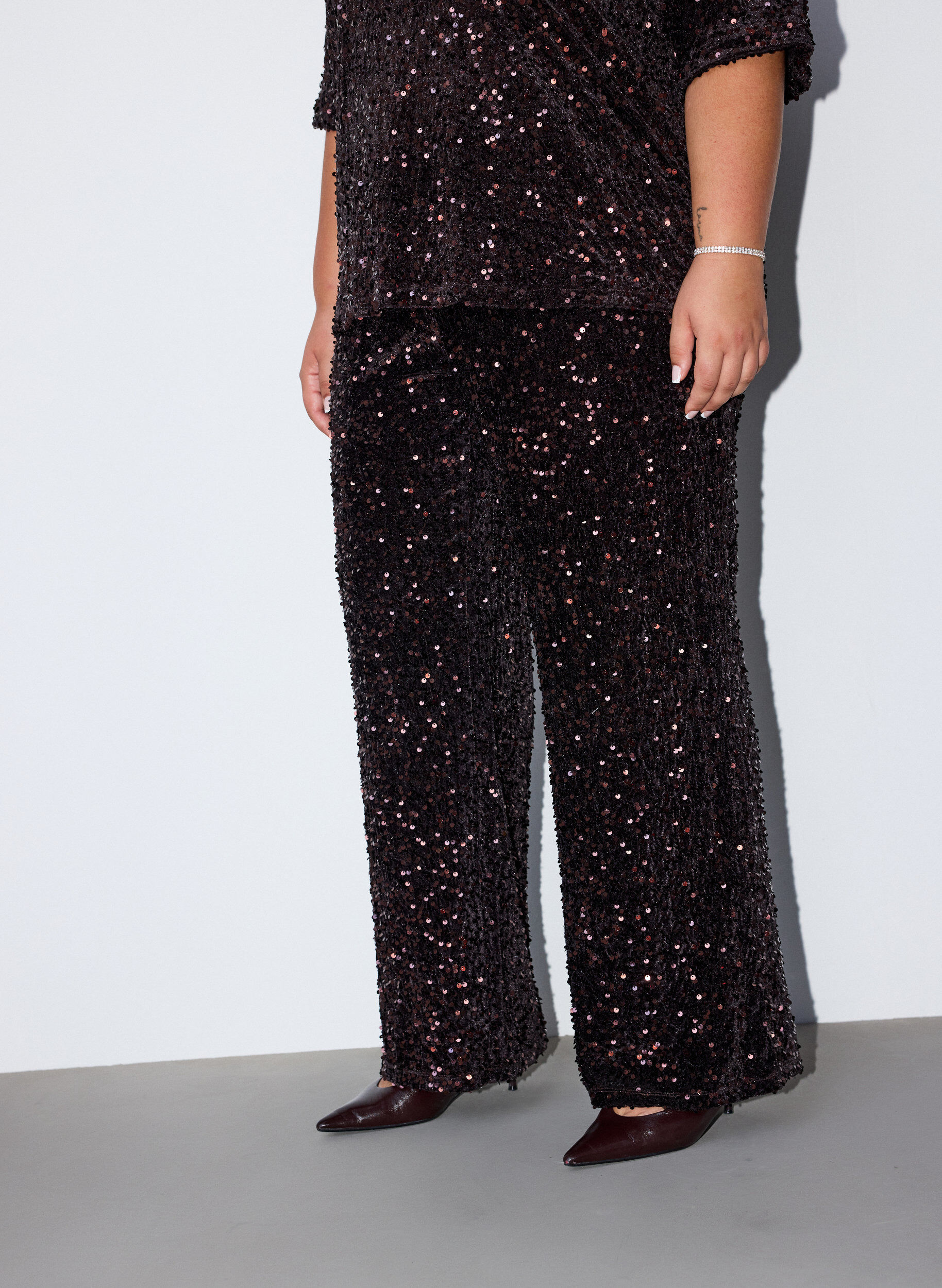ZizziWijde broek met pailletten, Bruin, Model image number 2
