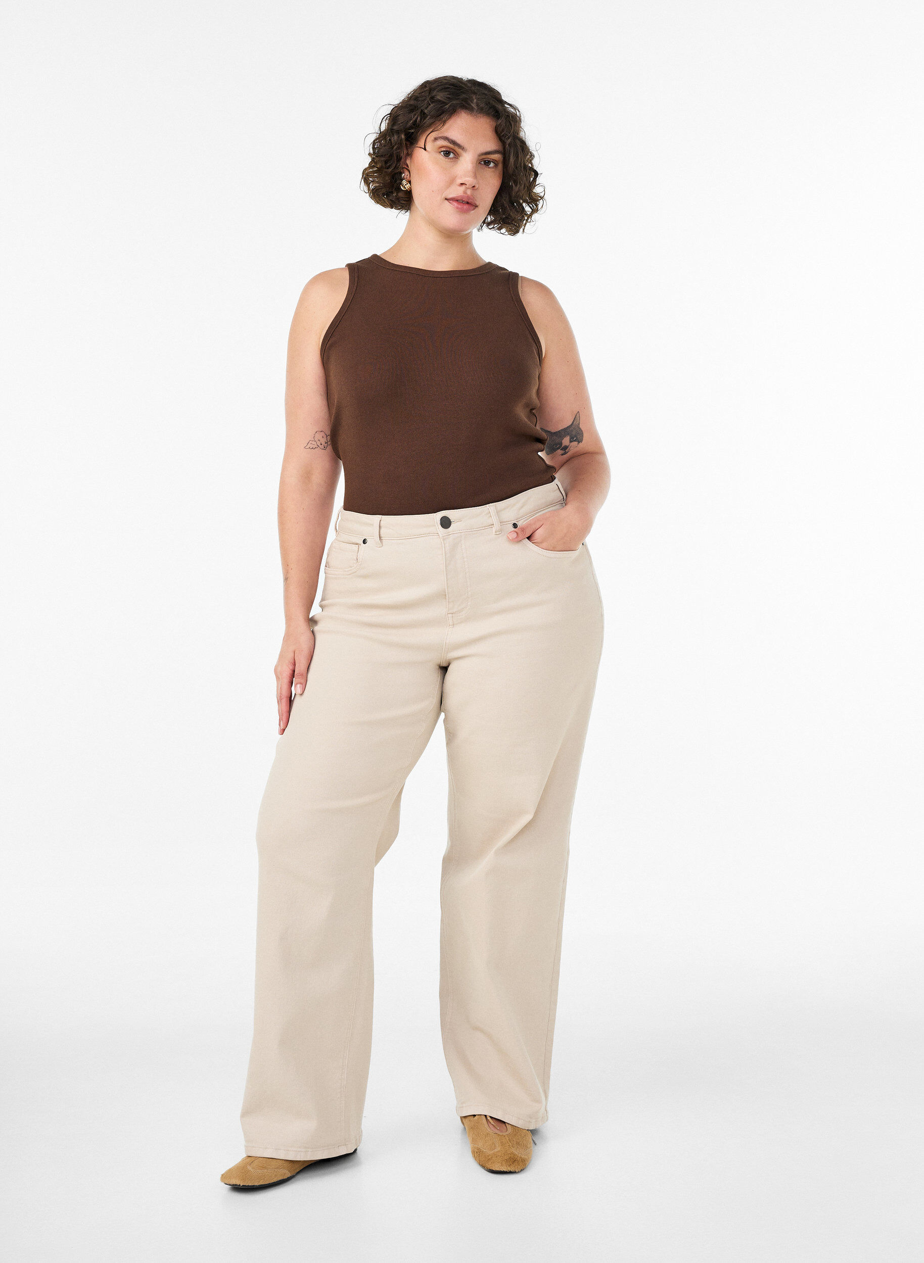 ZizziKatoenen ribtop met hoge hals, Bruin, Model image number 1