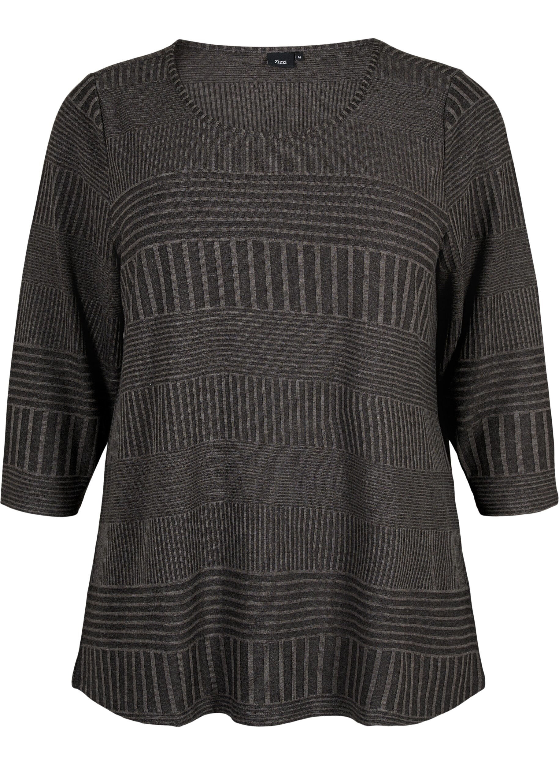 Zizzi Blouse met driekwartmouwen en een gestreept patroon, Dark Grey Melange, Packshot image number 0