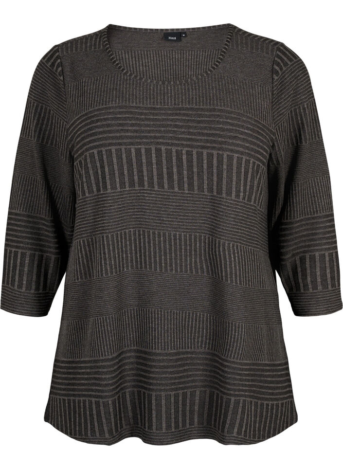 Blouse met driekwartmouwen en een gestreept patroon, Dark Grey Melange, Packshot image number 0
