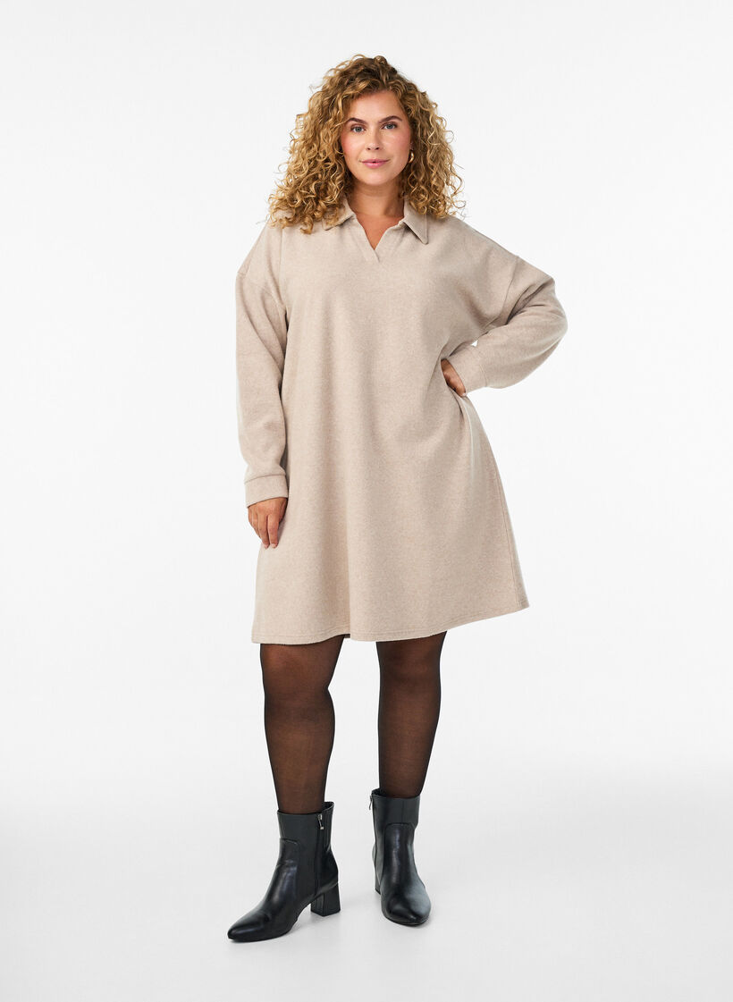 Knie-lange jerseyjurk met een V-hals en kraag, Beige, Model image number 0