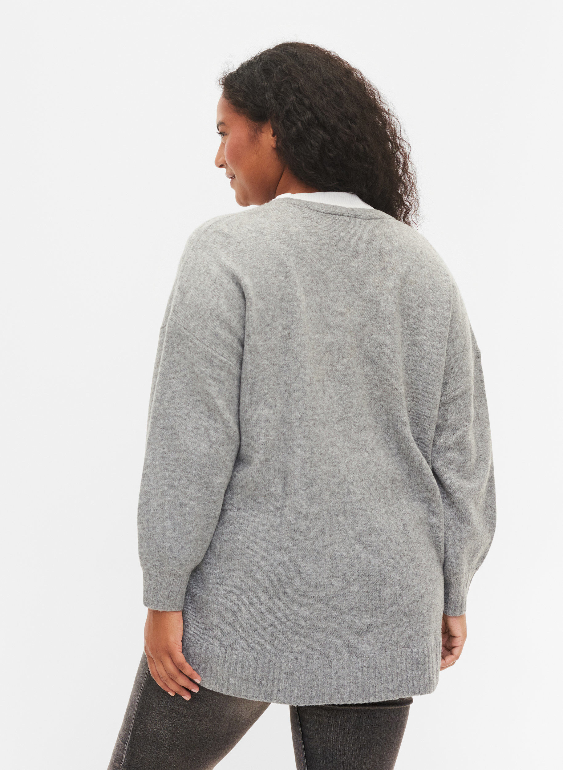 Zizzi Lang gebreid vest met rits en zakken, Medium Grey Melange, Model image number 1