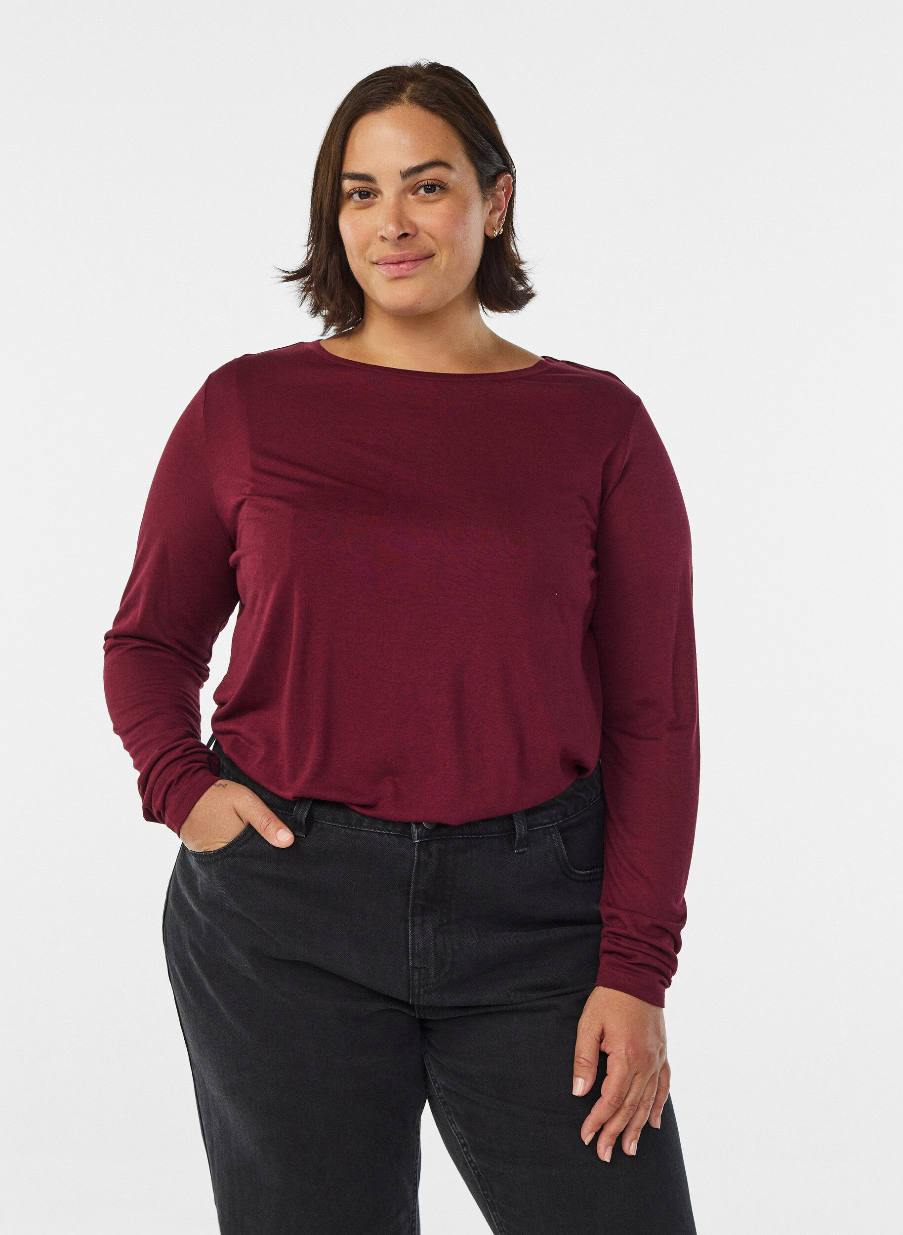 ZizziBlouse met lange mouwen van wol en viscose, Donker Bordeaux, Model image number 0