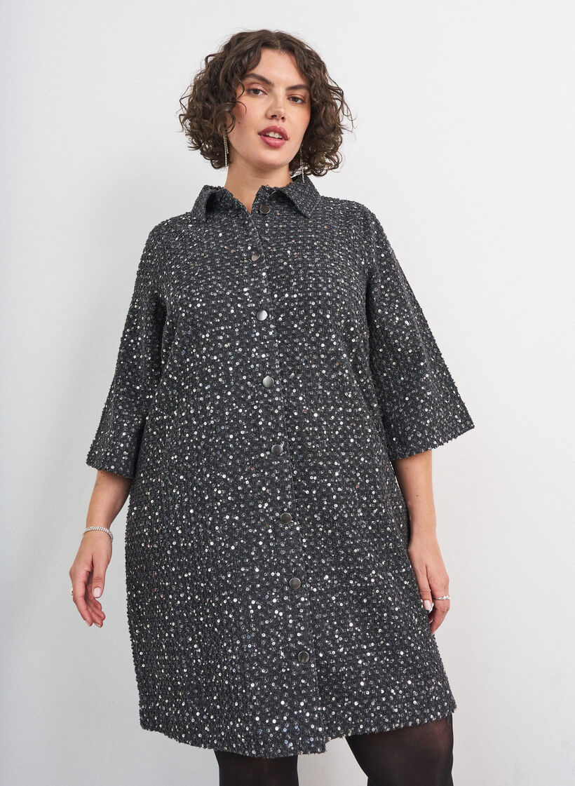 Denim jurk met pailletten en 3/4-mouwen, Zwart, Model image number 0