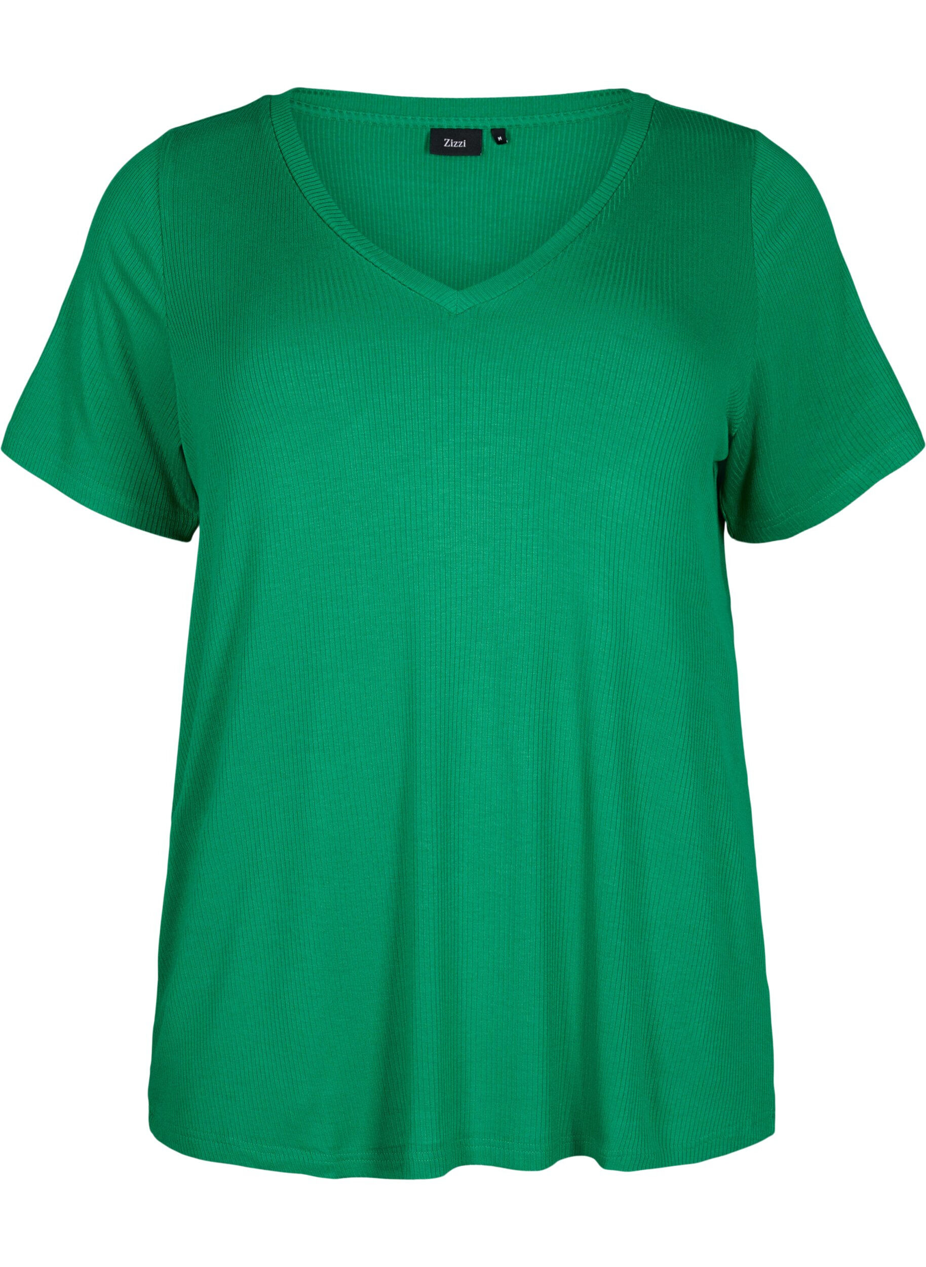 Zizzi Geribd viscose T-shirt met V-hals, Jolly Green, Packshot image number 0