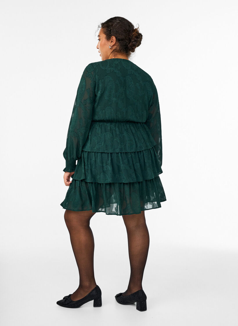 Korte jurk met ruches en een textuurpatroon, Groen, Model image number 2