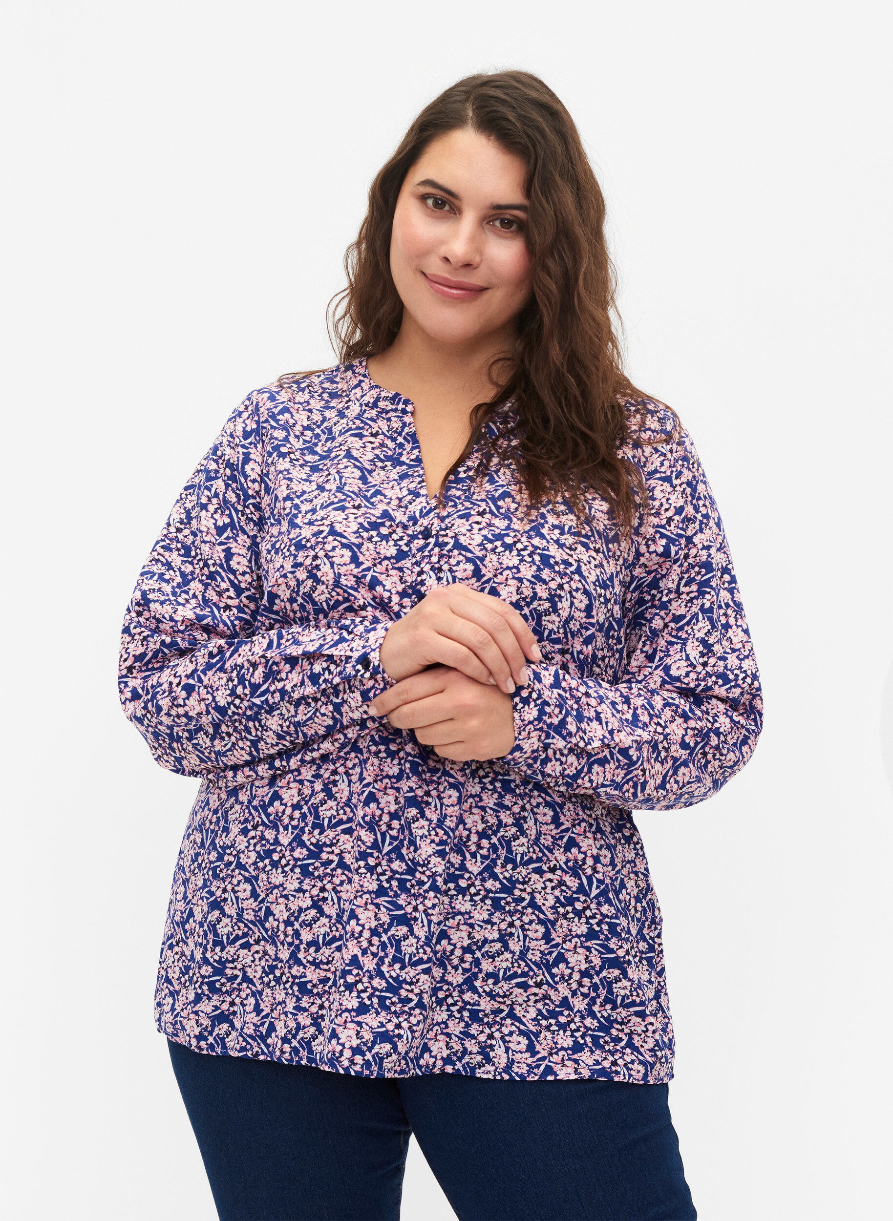 Zizzi FLASH - Blouse met lange mouwen en print, Strong Blue Flower, Model image number 0