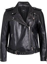Leren bikerjack met riem, Zwart